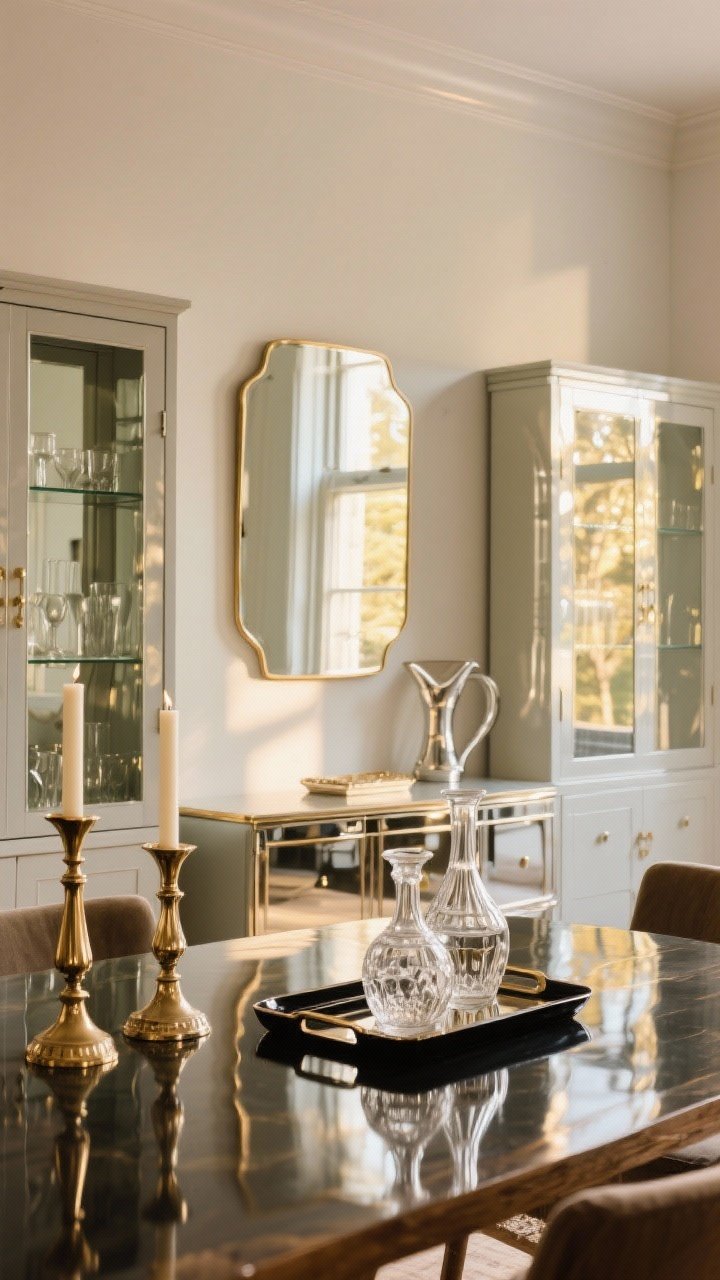 Medium shot with reflective accents: Add a touch of shine—hang a medium-sized mirror opposite a window to bounce light; style glass-front cabinets nearby; place metallic candlesticks (mixed brass and silver) on the table and a lacquered tray with vintage glass decanters on the sideboard. Keep shine restrained to one or two glossy focal points. Golden-hour glow enhances gentle reflections.