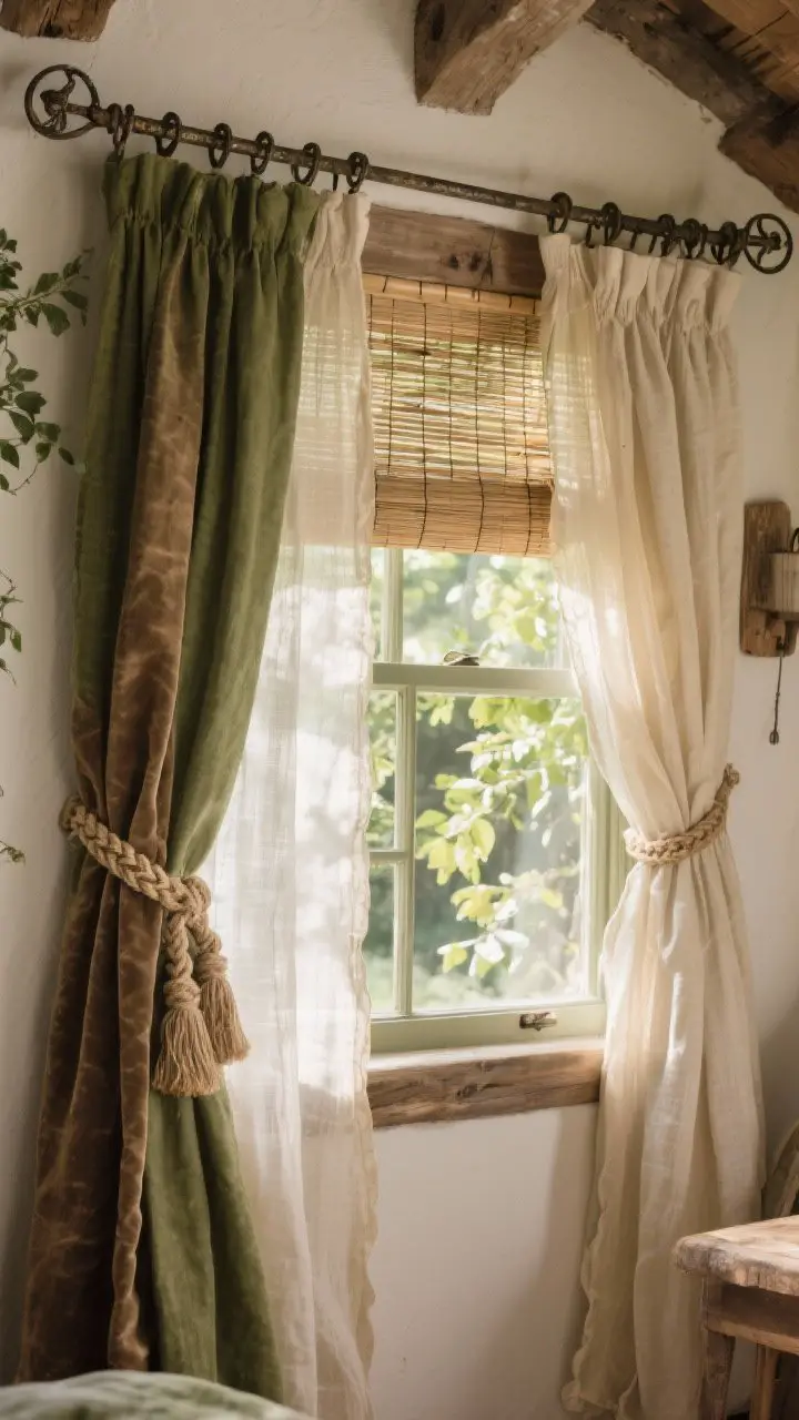 Medium shot: Woodland cottage window dressing—sheer linen curtains in moss and mushroom beige layered with heavier cream drapes, wrought iron curtain rod with antiqued finish, braided jute tiebacks on one panel and velvet ribbon on the other, a bamboo shade mounted behind the sheers for texture and privacy, sunlight filtered to a leafy glow, soft, storybook vibe, photorealistic.