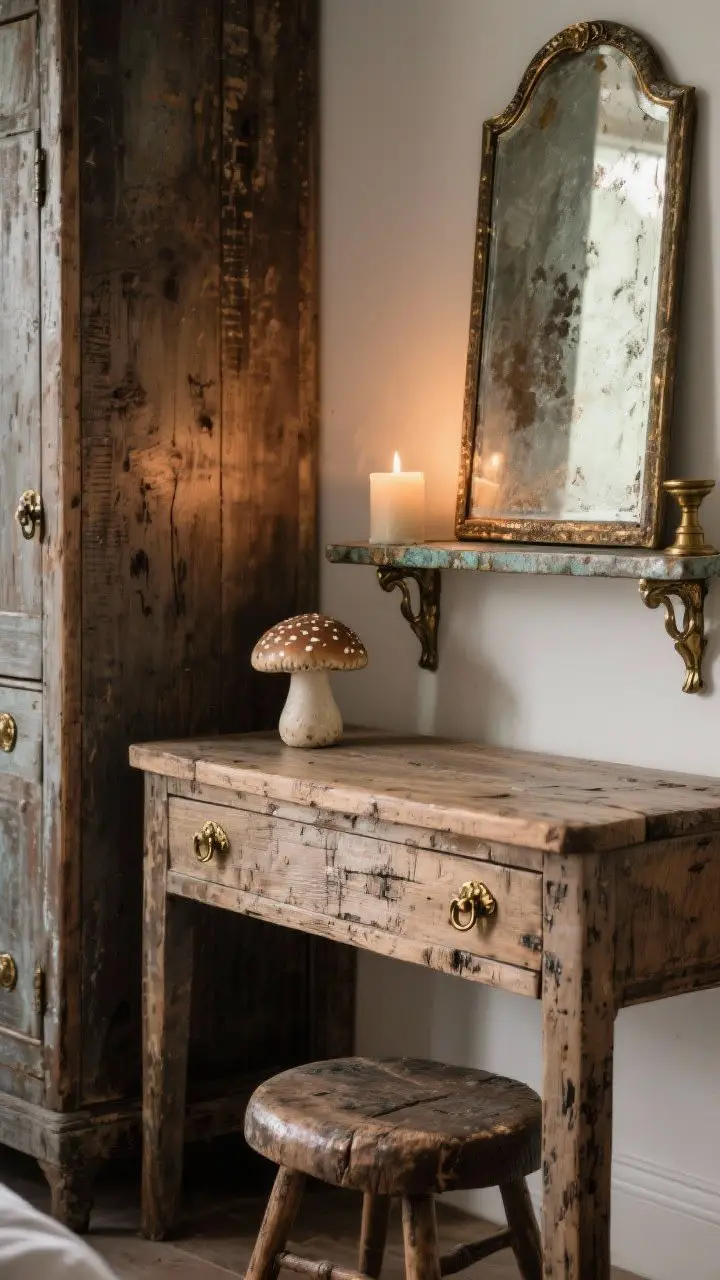 Medium shot: Worn woods and metals—reclaimed wood nightstand with visible grain and scratches, distressed stool, shelf with patina, antique brass and pewter accents, hammered brass pulls on a drawer, a ceramic mushroom knob on a cabinet, a vintage mirror with foxed glass propped against the wall, candle-wax resist–painted edges subtly sanded for age, warm low lighting highlighting textures, photorealistic.