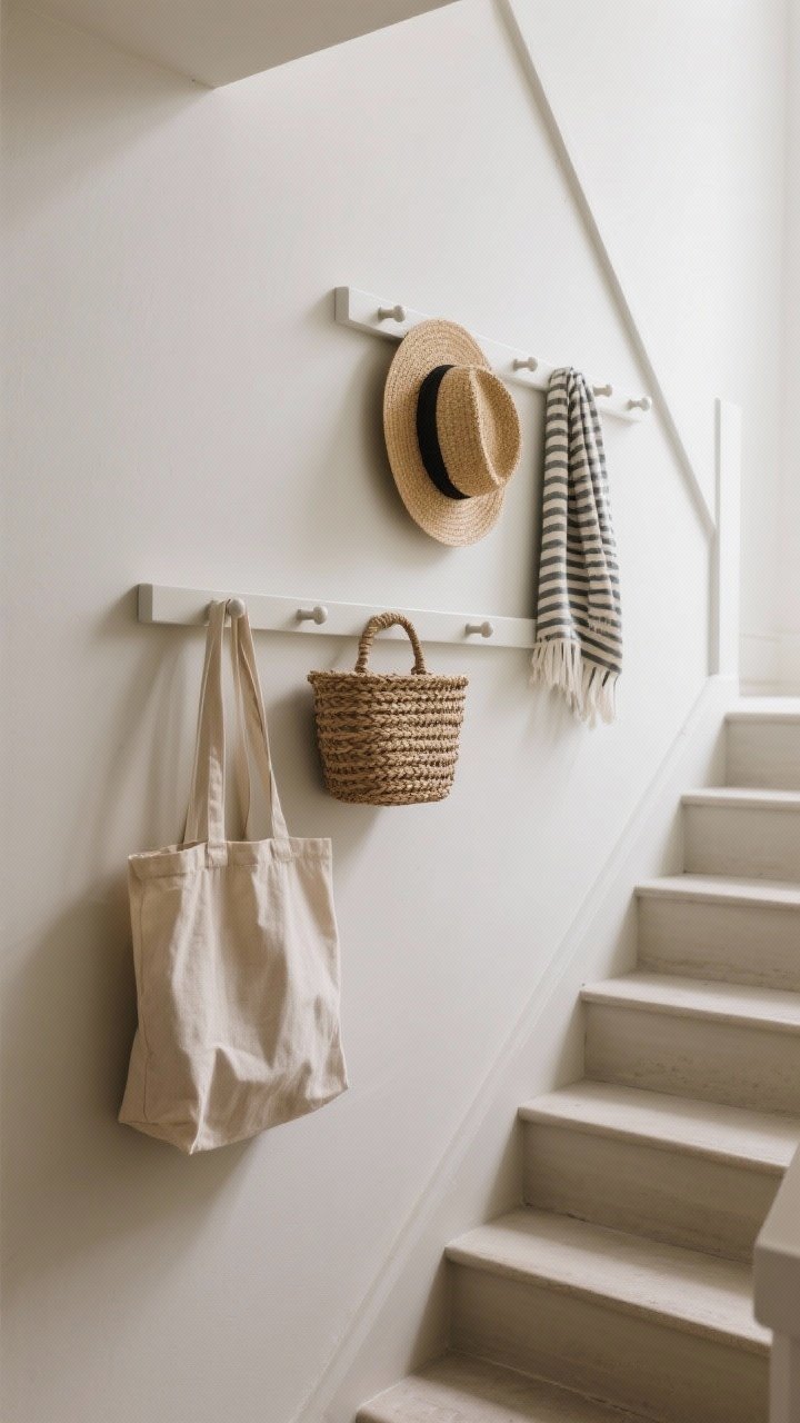 Medium side view: A slim peg rail following the stair wall holding a curated mix—straw hats, a canvas tote, a small woven basket, and a striped scarf—all within a tight neutral palette; low-profile pegs painted to match the wall for a built-in feel; tidy, functional display with soft ambient lighting.