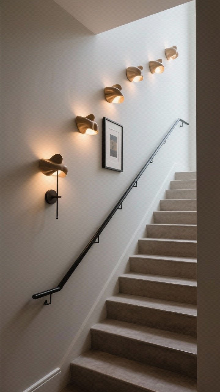 Medium side view along the stair: A rhythmic series of sculptural sconces spaced evenly up the wall, warm bulbs at 2700–3000K creating museum-like mood; one framed artwork beneath a sconce forming an instant gallery moment; matte wall finish in a soft greige, black metal rail, subtle shadows leading your eye up the stairs.