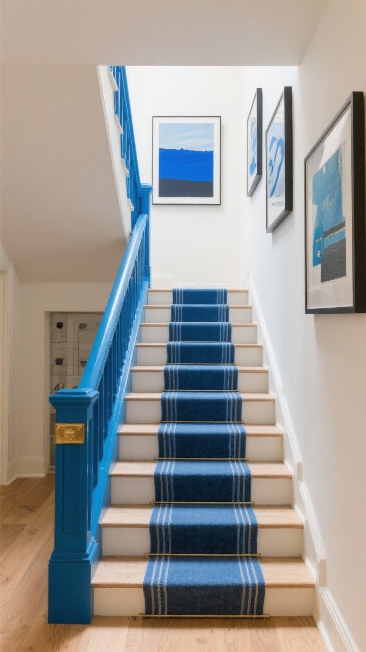 Medium straight-on: A color-story staircase featuring cobalt frames, art with blue undertones (navy, sky, slate), and a stair runner with a subtle blue stripe; 60-30-10 balance against warm neutrals and a small pop of contrasting brass; cohesive yet varied tones of blue; bright natural light reveals layered hues.