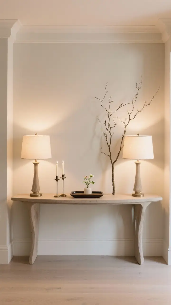 Medium straight-on shot emphasizing symmetry with a twist: matching lamps flanking the console, a centered tray between them, and a tiny bud vase placed slightly off-center to break perfection; or matching candlesticks balanced by a tall branch arrangement on one side; calm neutral tones, warm light, polished but relaxed mood.