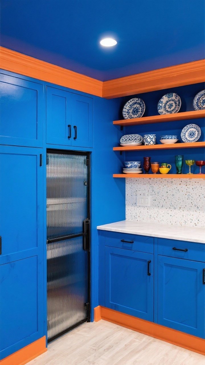 Medium, straight-on shot of a bold color pop pantry: the entire envelope—cabinets, trim, and ceiling—painted in saturated cobalt blue (or persimmon); matte black hardware; simple white quartz countertop; full-height slab backsplash in crisp white (or soft terrazzo) for balance; a ribbed-metal rolling door partially open revealing a hidden appliance nook; adjustable shelves styled with patterned china and colorful glassware; bright, even lighting to celebrate color.
