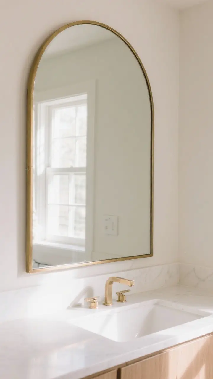 Medium, straight-on shot of a guest bath vanity with an oversized arched mirror nearly as wide as the vanity; the mirror has a thin brushed brass frame that reflects light and enlarges the room; soft, neutral walls, simple white countertop, and subtle reflections of the room to emphasize spaciousness; bright, natural-looking lighting.