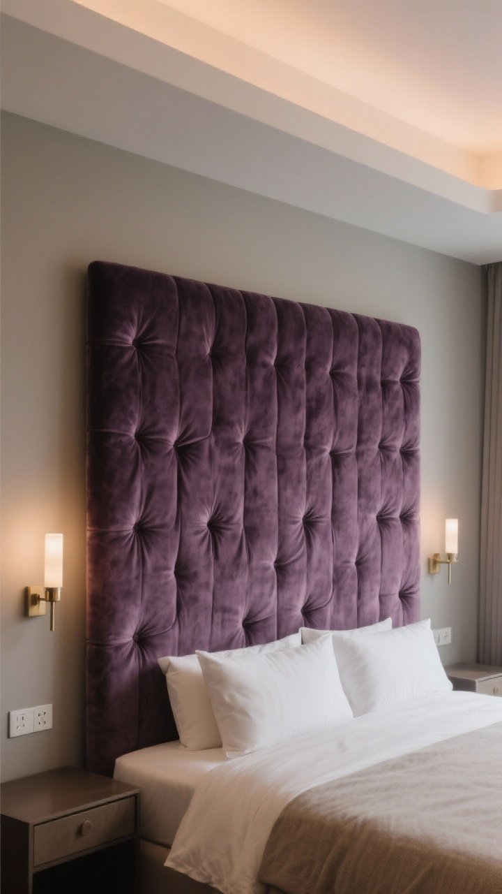 Medium, straight-on shot of an oversized channel-tufted velvet headboard spanning wall-to-wall in a muted aubergine; plug-in sconces integrated through the upholstered panel; performance velvet texture visible with soft sheen; quiet, hotel-like ambience with warm, diffused bedside lighting; bed dressed in calm neutrals.