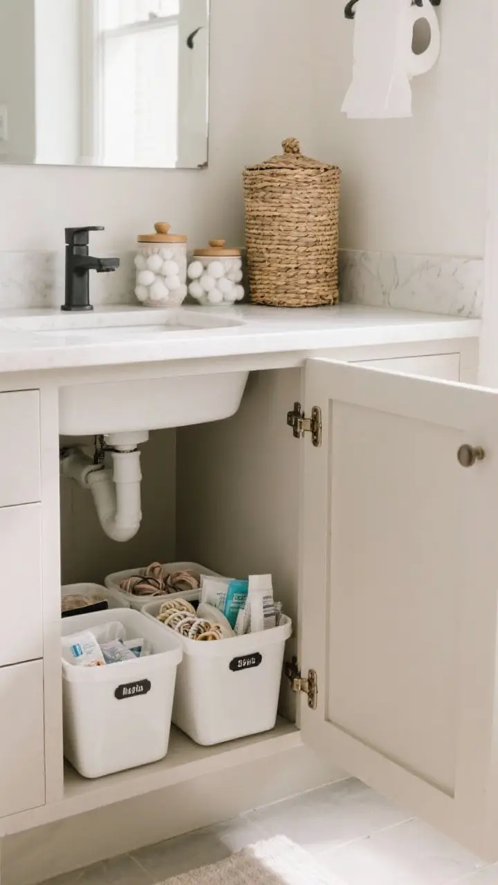 Medium, straight-on shot of storage solutions: under-sink cabinet open to reveal labeled bins for backup supplies; on the counter, ceramic canisters for cotton balls and hair ties; a tall lidded woven basket beside the vanity concealing extra TP; clutter-free, intentional styling with neutral tones and soft daylight.