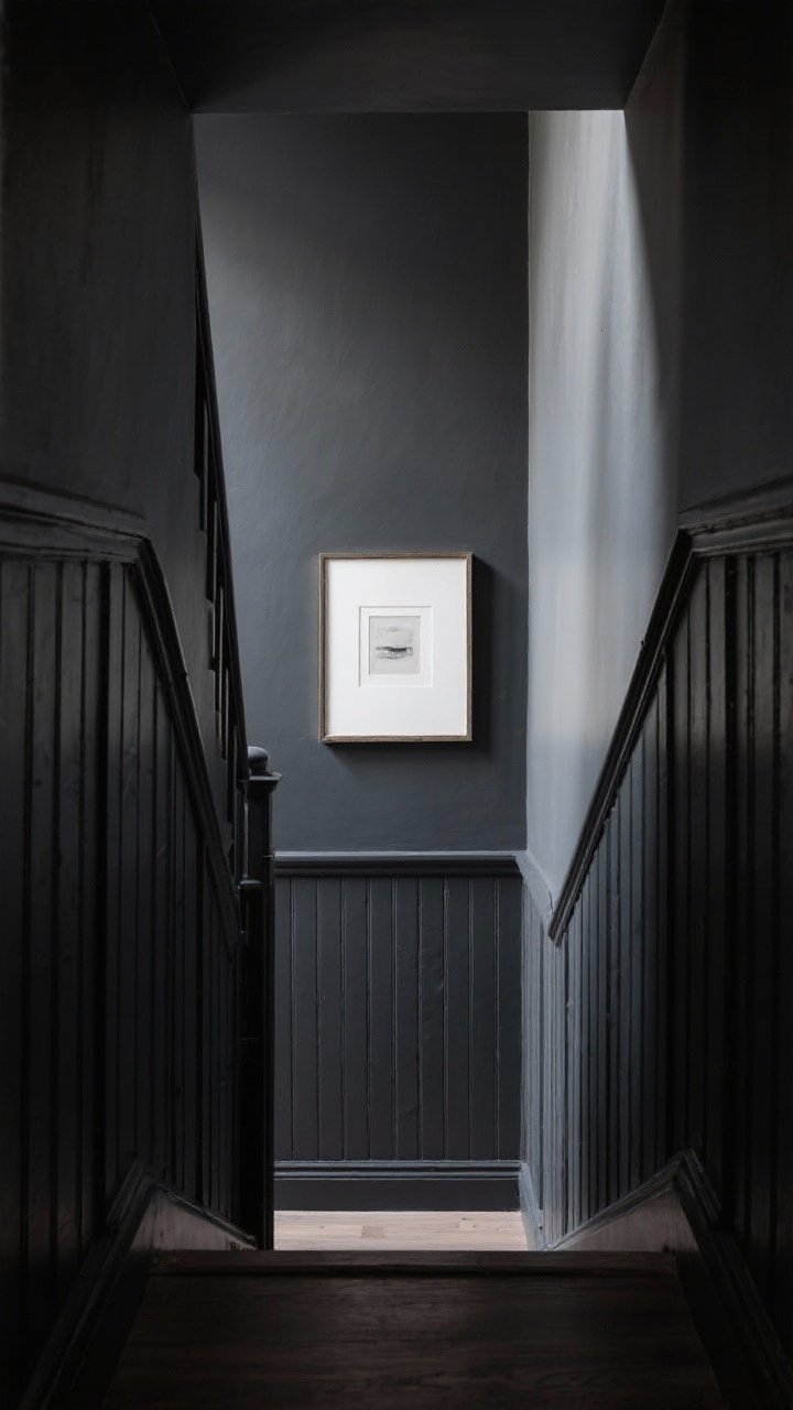 Medium straight-on: Staircase wall clad in board-and-batten molding painted the same deep tonal color as the wall for a luxe monochrome look; taller battens elongate the narrow stairwell; a single minimal framed print centered within a picture-frame trim panel; even ambient light highlighting shadows of the trim for quiet character.