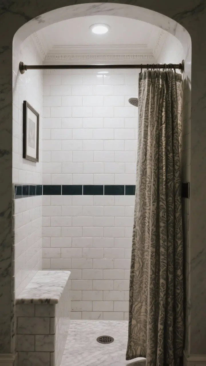 Medium, straight-on view into a moody shower clad in white subway tile with dark grout, featuring a picture-rail-height contrasting tile border and marble crown trim; a ceiling-mounted rod holds an elegant fabric shower curtain in lieu of full glass; a small marble corner seat sits neatly inside; lighting is soft but sufficient, highlighting grout lines and trim depth; center round drain visible on the shower floor.
