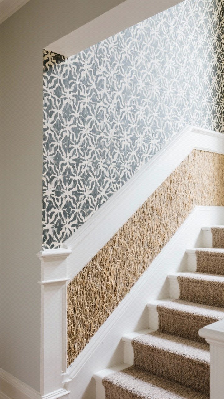 Medium straight-on view of a stair wall: Bold patterned wallpaper above the rail with a geometric motif that works with the stair angle, painted simple neutral below the rail; textured grasscloth accent on a small section for warmth; removable wallpaper edges crisp; bright daytime lighting making the space feel larger, white trim and clean lines.