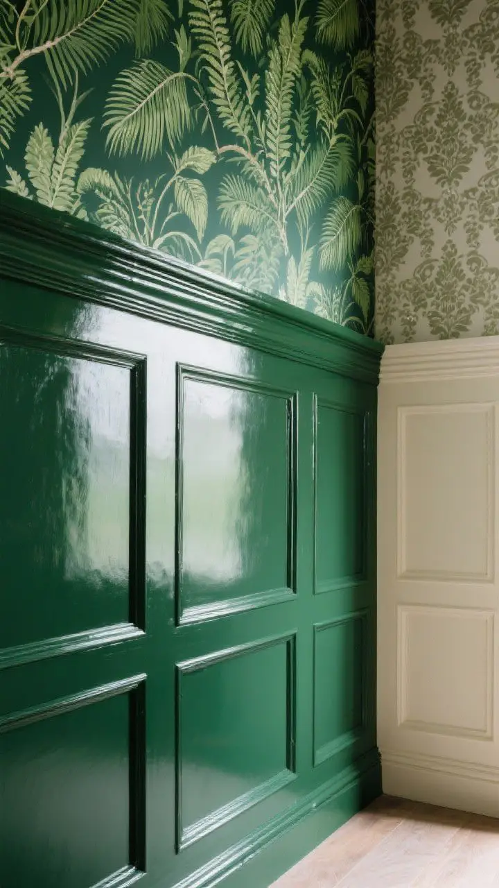 Medium, straight-on view of a wall composed of raised-panel wainscoting capped with a substantial chair rail, painted in glossy deep forest green, with botanical wallpaper above in rich emerald and fern motifs; adjacent vignette shows cream wainscoting paired with muted damask wallpaper for contrast; light catches the gloss on the trim while a subtle eggshell sheen on the wallpaper remains soft; moisture-resistant finish subtly noted by a gentle, wipeable sheen.