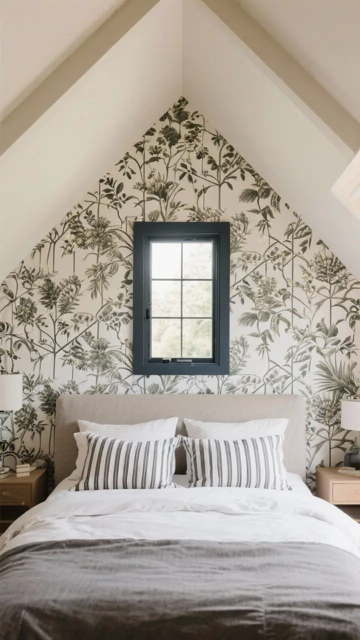 Medium straight-on view of the bed wall: A strategic bold feature wall behind the bed in a gable, clad in botanical wallpaper with fine geometric undertones; vertical striped bedding or pillows to elongate the short walls; the remaining attic walls kept calm in soft creams; a moody painted window wall at the end of the room subtly frames the view and reduces glare; balanced, modern styling under a sloped ceiling, photorealistic.
