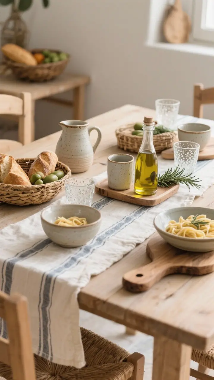 Medium table styling shot with coastal charm: washed linen runner with subtle stripes, hand‑thrown ceramic pitchers, mugs, and shallow pasta bowls; olive‑wood boards and woven baskets holding bread and produce; simple recycled‑glass tumblers with tiny bubbles; finish with a small tray holding a bottle of olive oil and a sprig of rosemary; warm, intimate light, photorealistic.