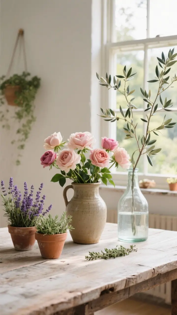 Medium tabletop and window vignette bringing nature indoors: garden-cut roses or peonies in a ceramic jug on a scrubbed table, clay pots of lavender, rosemary, and thyme lining a sunny window, tall foraged olive branches standing in a glass demijohn for height; unarranged, effortless composition in fresh daylight.