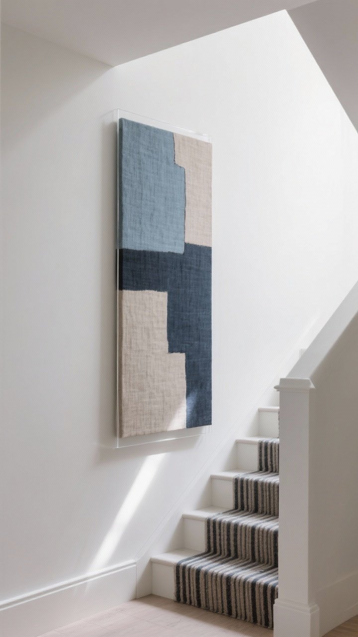 Medium vertical composition: A tall, narrow oversized canvas hung along a stair run and landing, modern abstract in linen texture with colors pulled from a nearby striped stair runner—slate blue, soft taupe, and charcoal; acrylic glazing instead of glass; clean white walls, minimal decor, soft indirect afternoon light emphasizing the texture of the canvas for maximum impact.