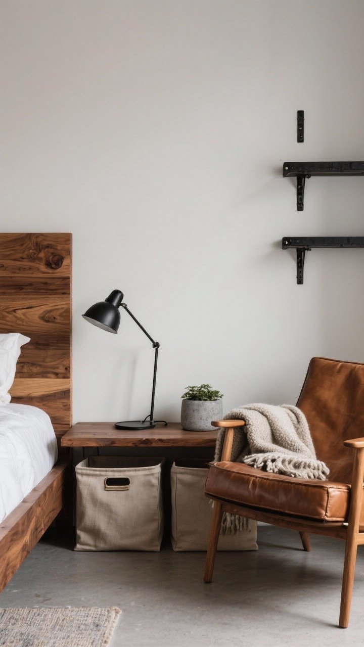 Medium vignette: Layered materials for effortless cool. Wood bed frame with visible grain, matte black metal bedside lamp, canvas storage bins under a bench. Adjacent, a leather (or faux) chair with a wool throw, industrial-style black metal shelf brackets, and a small concrete-look planter. Warm, cohesive tones with 2–3 finishes.