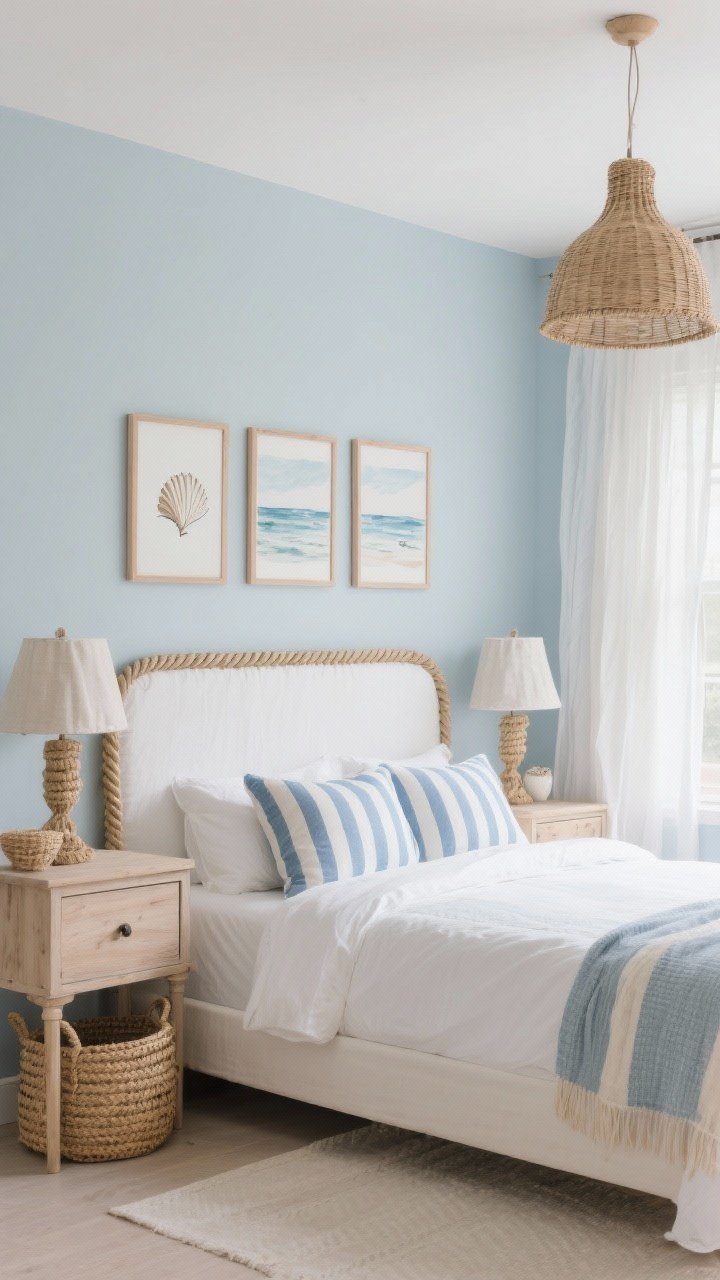 Medium-wide coastal bedroom painted misty blue like sea air; white slipcovered headboard; braided rope nightstands; seagrass baskets; striped pillows in blue and ivory; woven rattan pendants with linen shades; soft watercolor seascapes and shell sketches in natural wood frames; bleached oak dresser; gauzy white drapes filtering dreamy light; casual, breezy vibe; photorealistic.