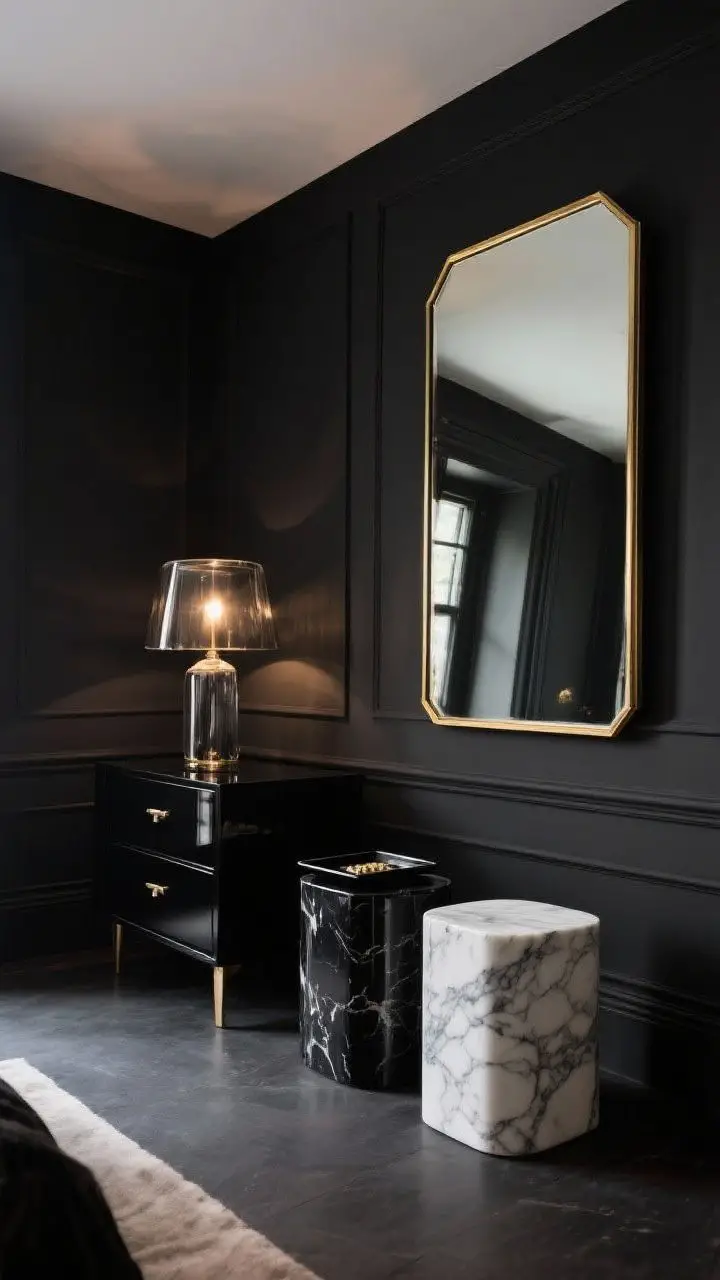 Medium-wide glam vignette: Black matte walls as backdrop for curated shine—an oversized mirror with a thin brass frame leaning against the wall, a pair of small marble side tables (one black, one white with veining), a lacquered black tray on a dresser, and a smoked glass lamp casting a warm glow; lighting highlights reflections without feeling nightclub bright; mood: couture glamour.
