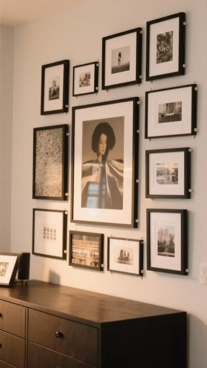 Medium-wide shot: A curated gallery wall above a low dresser, mixing various frame sizes but all in matte black frames with white mats for cohesion. One large hero artwork anchors the arrangement, with smaller photos and prints radiating out. Command strips implied (no visible nails). Planned, balanced composition, warm ambient light, photographed from a slight angle.