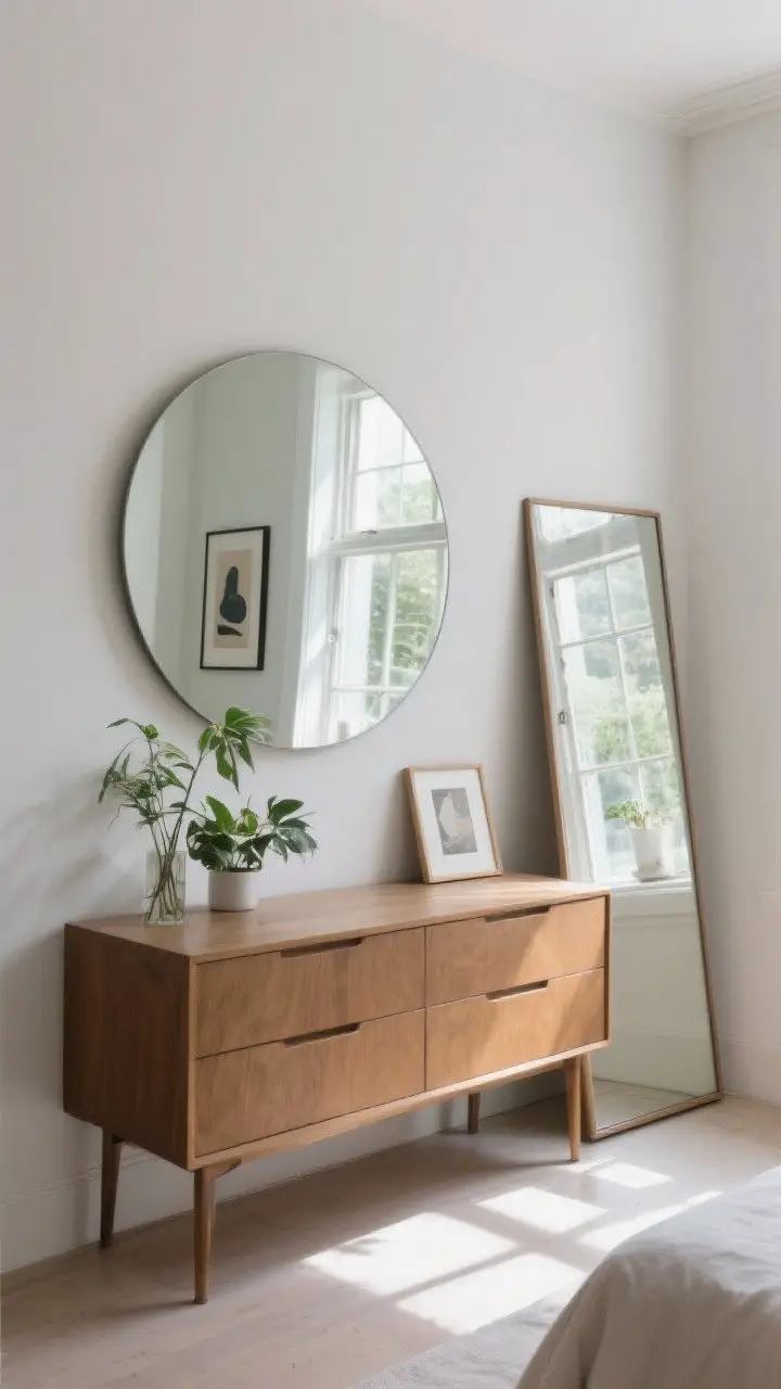 Medium-wide shot: A large, simple round mirror above a dresser opposite a window, bouncing natural light and making the room feel larger. The mirror reflects a tidy vignette—plants and a framed artwork—avoiding clutter. Optionally, a tall floor mirror leaning against an adjacent wall for an effortless feel. Clear daylight, slight angle to show reflection.