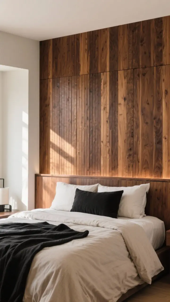 Medium-wide shot: A statement headboard wall clad in vertical wood slats stained warm walnut, with even 1/2-inch gaps creating a clean rhythm. The slat treatment runs half-wall height behind the bed for cost-effective impact. Neutral bedding and black accents complement the organic texture. Natural afternoon light, straight-on view.
