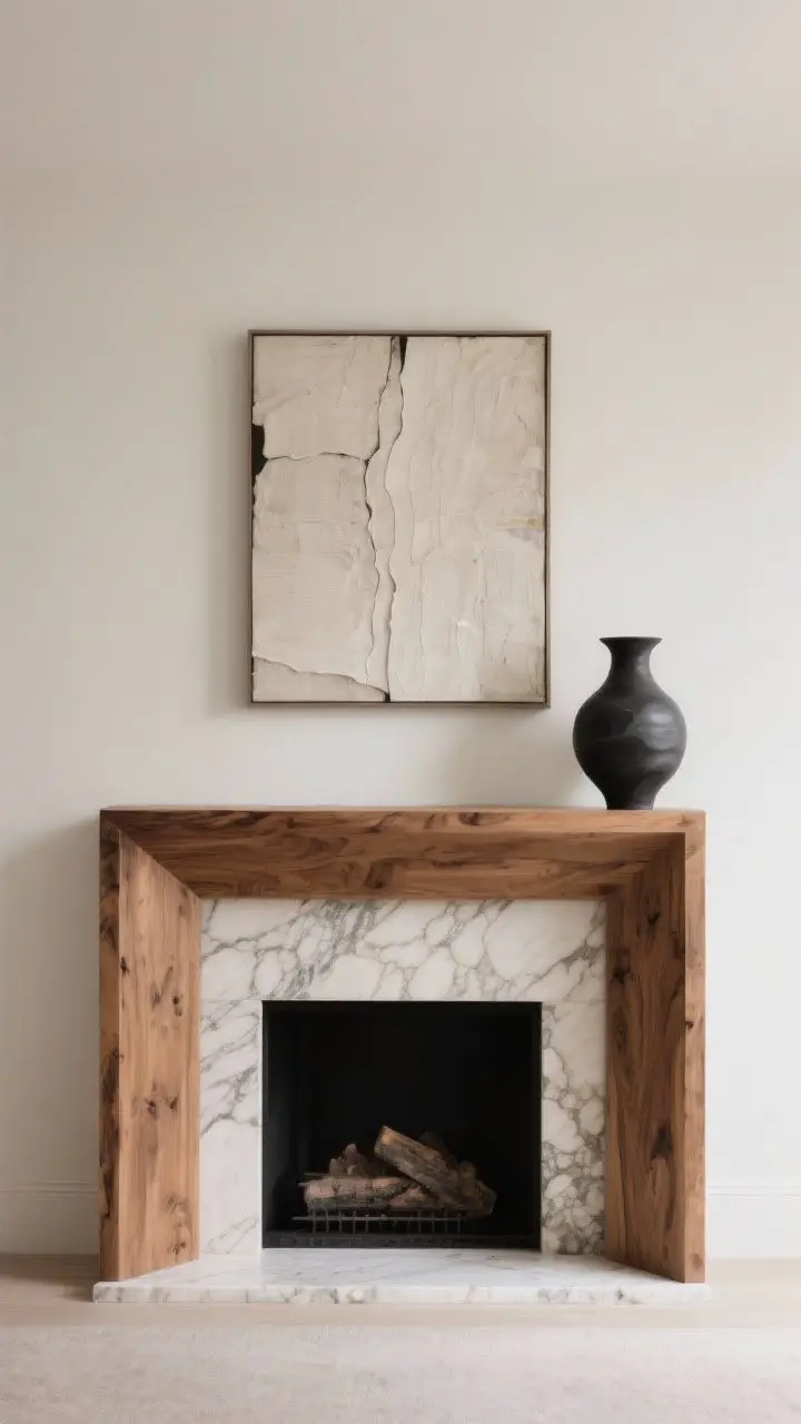 Minimal mantel, medium/straight-on shot: a single large art piece centered and one sculptural vase off to one side. Tight palette of two to three colors (e.g., warm oak, matte black, soft white). Natural wood mantel and stone surround with visible grain and veining as the primary material focus. Plenty of negative space around objects. Soft, even lighting emphasizing calm luxury.