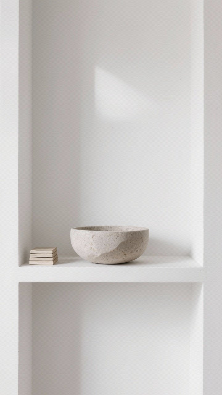 Minimalist, straight-on closeup of a single shelf using negative space: a sculptural stone bowl centered with generous empty space around it, and a small stack occupying only two-thirds of the shelf’s length. Clean white backdrop, soft shadows, calm luxe energy. Emphasize the rule of thirds and breathing room.