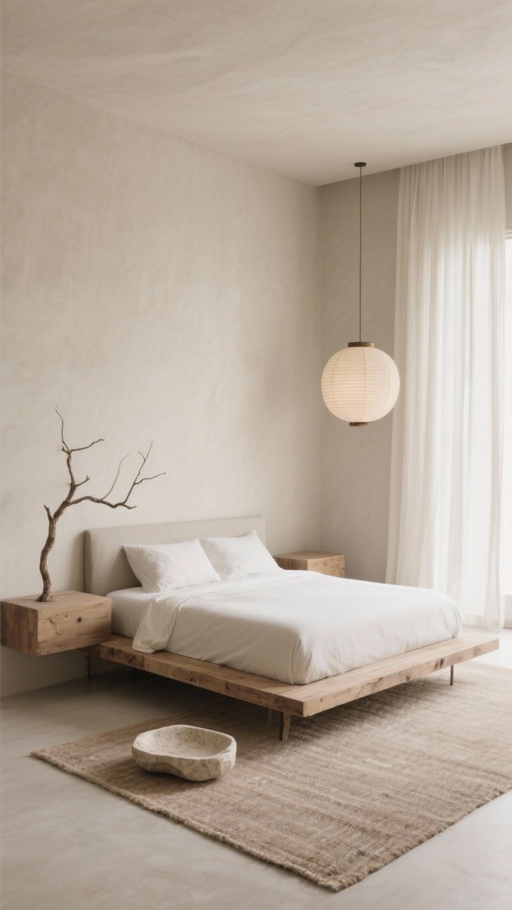 Minimalist wide shot of a greige Zen bedroom, warm greige walls; low-profile wabi-sabi wood bed and floating nightstands; sparse, clutter-free surfaces; palette of stone, sand, ivory, driftwood tones; paper lantern pendant lighting; travertine tray with a single sculptural branch; floor-to-ceiling lightweight ivory curtains; flatweave rug; soft diffused daylight emphasizing negative space; photorealistic.