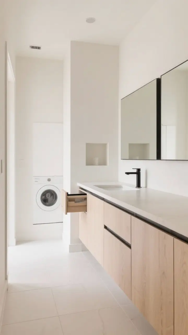 Minimalist wide shot with creamy almond white walls, pale maple cabinetry, matte porcelain tile, and slim matte black lines on a mirror and faucet; integrated wall niche and discreet laundry pull-out keep surfaces pristine; soft, airy daylight emphasizing warmth and simplicity.