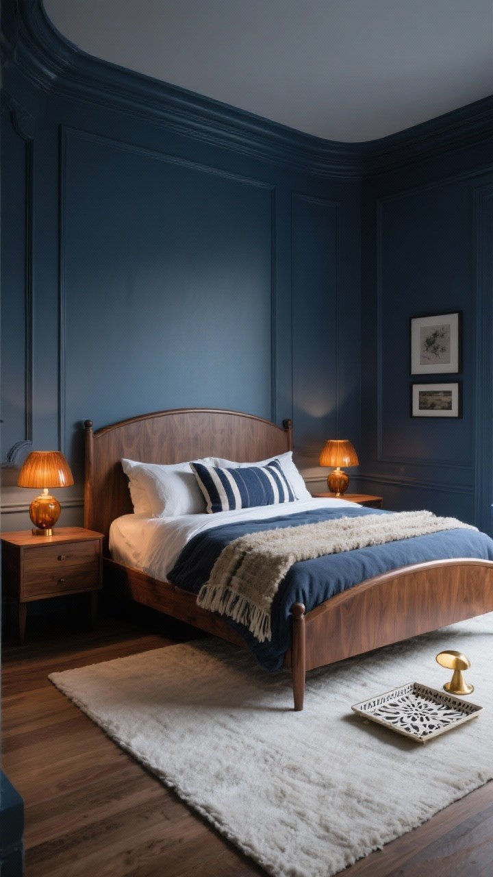 Moody slate blue cocoon bedroom, wide shot with wraparound effect; walls and trim in complex slate blue; walnut bed frame with curved edges; warm wood nightstands; amber glass lamps casting gentle glow; flannel sheets, nubby wool throw, layered striped pillows in navy and cream; off-white rug for contrast; bone inlay tray; brass picture lights; cozy twilight atmosphere; photorealistic.