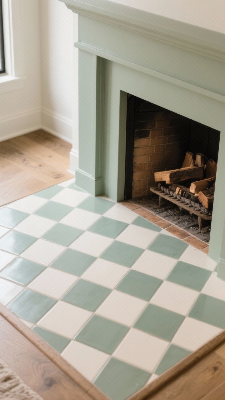 Overhead angled shot of a hearth featuring a checkerboard tile layout in muted sage and cream porcelain, laid on the diagonal for a fresh twist, simple, solid-color surround to allow the patterned hearth to shine, wood-burning fireplace context with durable materials, clean grout lines, soft afternoon daylight.