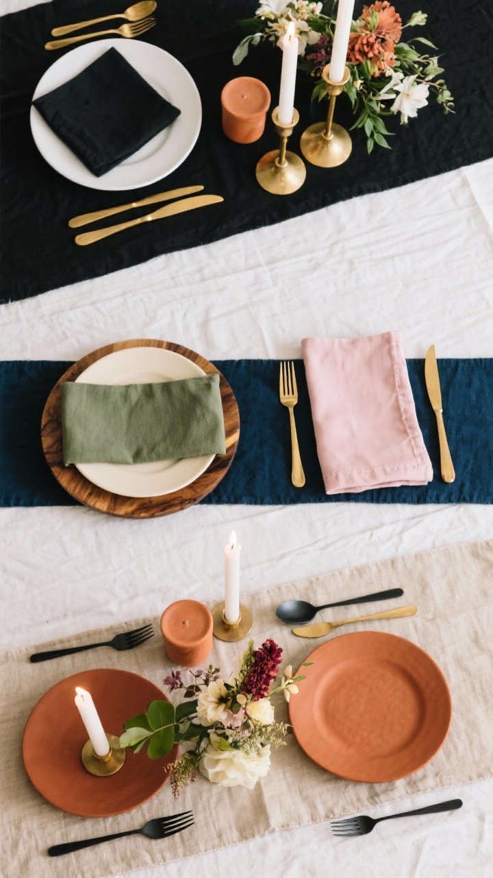 Overhead composition telling tight color stories: quadrant layout showing four palettes—Black, white, brass with black napkins, white plates, brass candlestick; Sage, cream, wood with sage napkins, cream plates, wooden charger; Navy, blush, gold with navy runner, blush napkins, gold flatware; Terracotta, sand, matte black with terracotta candles, sandy linen, matte black flatware; repeated hues across linens, florals, and candles.