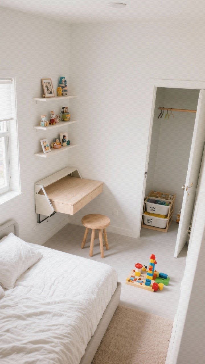 Overhead corner layout shot for a small room: bed placed along the longest wall to open a play zone, floating shelves stacked vertically displaying small treasures, a compact corner desk or wall-mounted fold-down desk with a small stool, closet with doors removed showing a low hanging rod and labeled bins; bright, efficient, airy