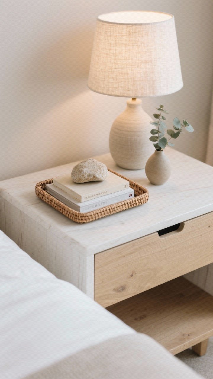Overhead detail: Calming, clutter-free nightstand vignette—light wood or whitewashed top with a woven tray, one small book stack, and a single personal object (e.g., a smooth beach stone). A ceramic or linen-shaded soft-glow lamp to the side, a drawer front visible for hidden storage, and a tiny eucalyptus sprig in a bud vase. Minimal, serene, boutique-hotel feel.