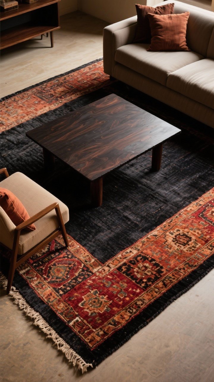 Overhead detail: Layered rugs—an oversized deep charcoal flatweave base with a vintage Persian top rug in warm rust, clay, and oxblood tones. A dark wood coffee table centered so the top rug sits fully beneath it; front legs of a sofa and chair rest partially on the top rug. Include a few coordinating pillows visible at frame edge to echo rug colors. Warm ambient light for depth.