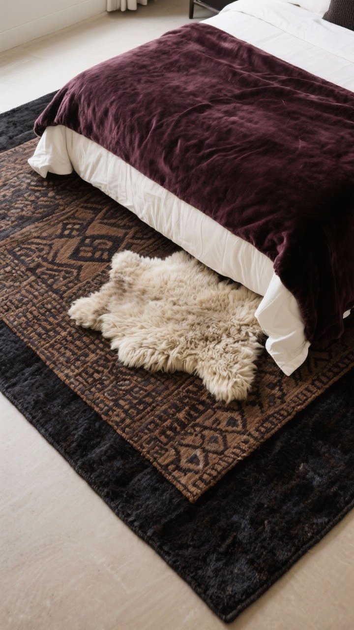 Overhead detail: Layered rugs around a bed—large base rug extending 18–24 inches beyond the frame in charcoal or cocoa, with a smaller textured layer (sheepskin, Moroccan, or shag) placed at the foot or one side; tonal colors in muted wine, cream for contrast; plush fibers and depth captured in photorealistic texture.