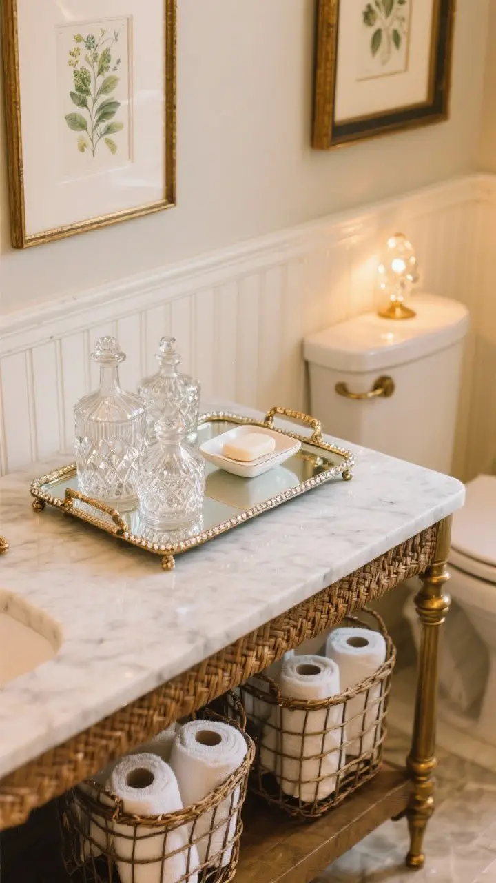 Overhead detail of a marble tray styled with cut-glass apothecary bottles, a porcelain soap dish, and a vintage mirrored tray beneath for extra sparkle; nearby, framed botanical prints hang above wainscoting; wicker and wire baskets hold rolled towels and toilet paper; warm side lighting adds gleam to solid brass accents and the facets of real crystal.