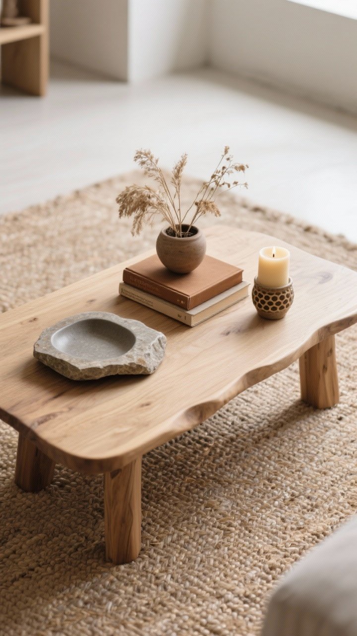 Overhead detail of an organically styled coffee table: soft-rectangular wood table with rounded corners; one grounding piece (stone tray), one natural element (small potted plant or dried stems), a stack of two to three earthy-toned books, and a ceramic or beeswax candle; set over a jute rug; gentle daylight, photorealistic.