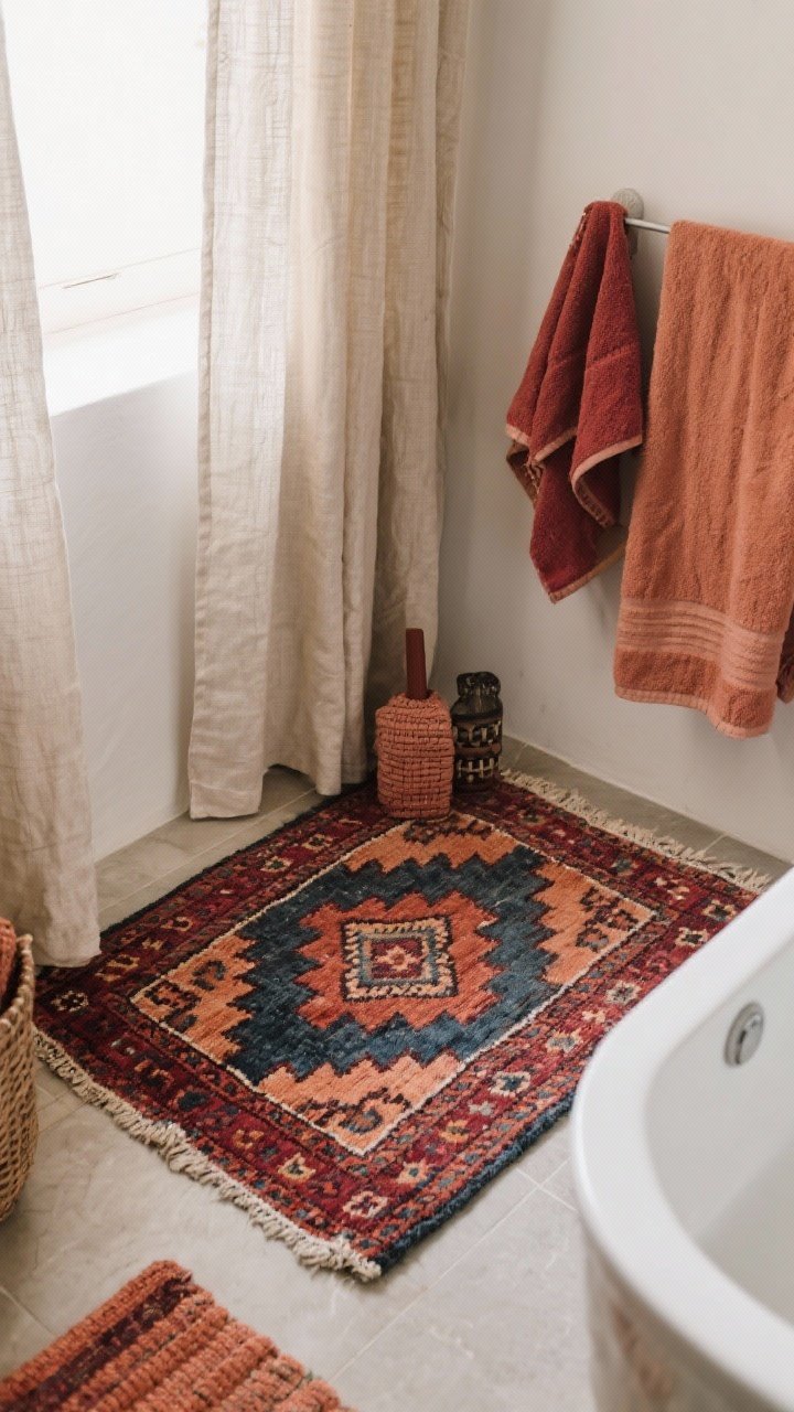 Overhead detail of layered textiles: a small vintage kilim rug on bathroom floor in muted reds, indigo, and terracotta; nearby linen curtain panel in a natural tone softly filtering light; towels and accessories repeating 2–3 cohesive colors; focus on weave, pattern, and texture without clutter.