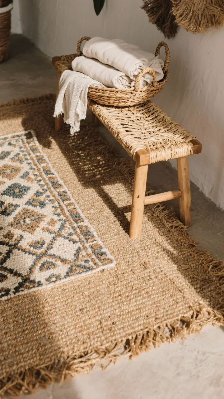 Overhead detail of natural fibers and weave: jute or seagrass rug layered under a smaller patterned rug, wicker basket filled with folded linen throws, rush-seat bench leg entering frame; subtle shadows revealing texture; earthy tones that suggest relaxed, market-day energy.