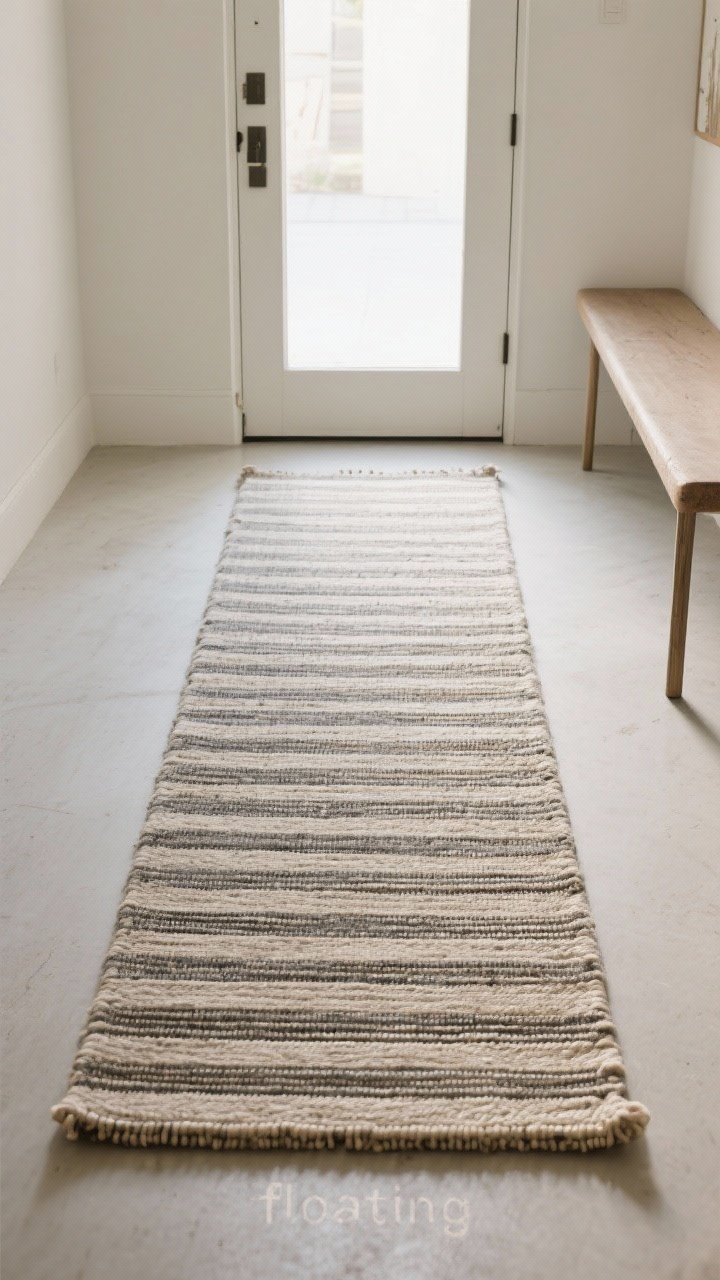 Overhead detail shot: A flatweave runner with lengthwise medium-scale stripes aligned parallel to the longest wall, extending from the threshold to the interior; low-profile fiber to clear door swing, subtle pattern that hides dirt; edges under a slim bench leg to avoid “floating” look; natural light highlighting texture.