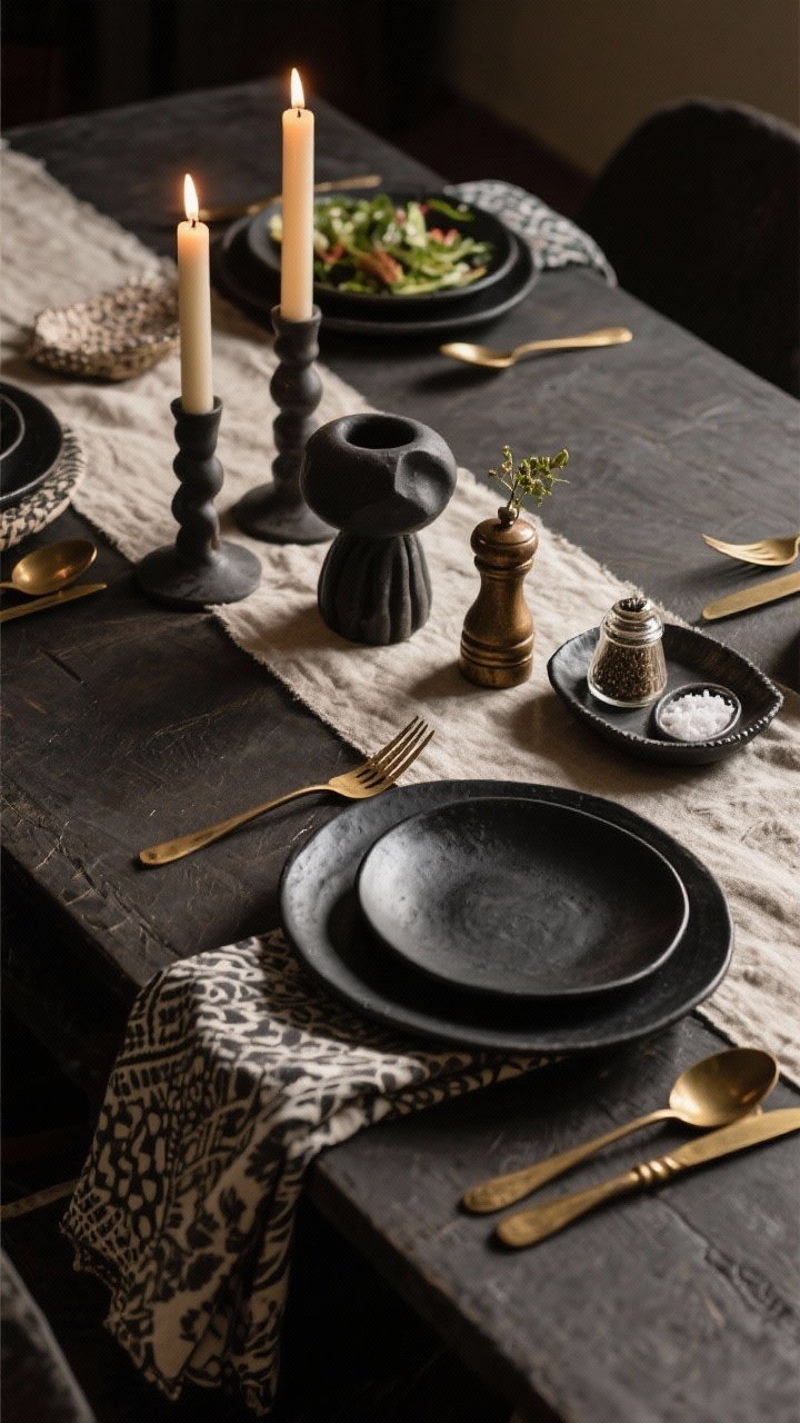 Overhead detail shot: A ritual-focused tablescape—layered place settings with a matte black charger, ceramic dinner plate, and smaller salad plate; mixed metals like brass flatware paired with black stoneware. Textured linens: a linen runner, mismatched patterned cloth napkins. A sculptural, low centerpiece and unscented taper candles lit for ambiance. Include a small tray with salt cellars, pepper mills, and a tiny bud vase for easy ritual. Warm, dim evening light.