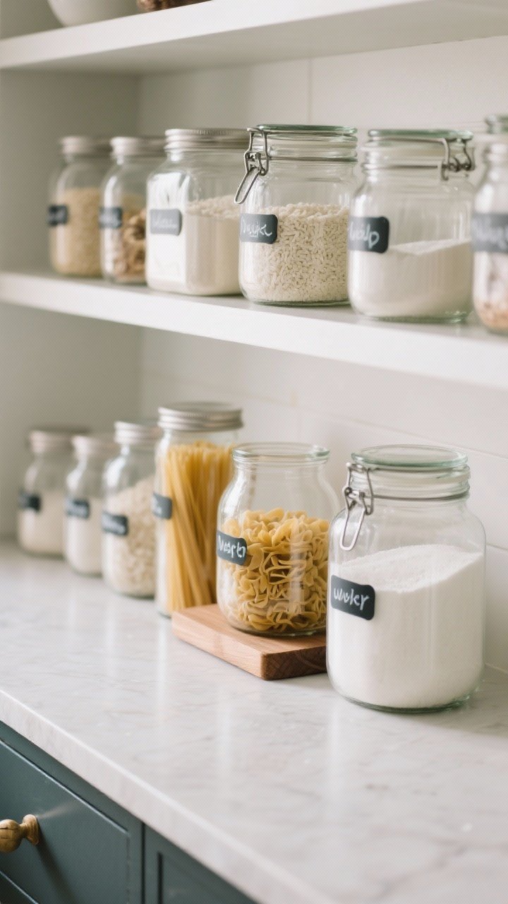 Overhead detail shot: A section of counter or open shelf styled with clear glass jars—Mason, Weck, and clamp-lid canisters—filled with flour, rice, pasta, and sugar. Mixed sizes for visual interest, simple handwritten or vinyl labels, and a small wood riser to vary height and avoid a strict lineup. Clean, organized, and functional aesthetic.