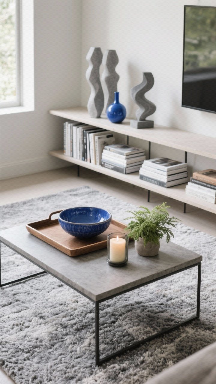Overhead detail shot: A styled coffee table tray with a blue ceramic bowl, candle, and a small plant, atop a gray rug; nearby shelves show horizontal book stacks with a small blue vase and a sculptural object in gray/white; grouped in odd numbers, varied heights, mixed materials; natural daylight for a curated, cohesive finish.