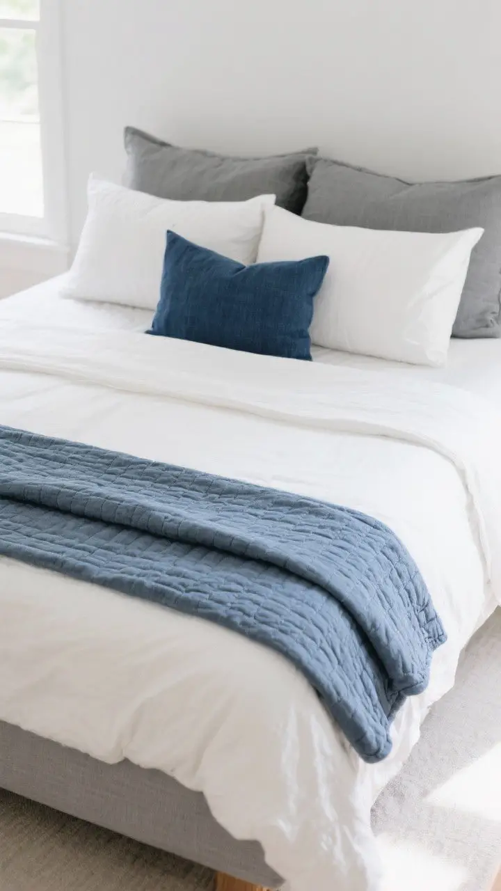 Overhead detail shot from the foot of the bed: Crisp white cotton percale sheets topped with a neatly folded gray quilt and a blue washed-linen duvet/coverlet double-folded at the end for visual weight; pillow formula arranged symmetrically—2–3 gray Euro shams, 2 white standard pillows, and 1–2 navy or denim-blue accent pillows—styled to look intentional but unfussy; soft morning light for a clean, breathable look.
