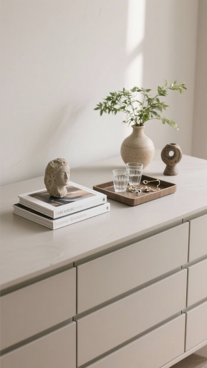 Overhead detail shot: Minimalist-styled dresser surface—stack of two art books topped with a small stone sculpture, a tray corralling glasses and jewelry, a ceramic vase with fresh greenery, and one meaningful artisan object; negative space around items emphasizes the edit; neutral palette with matte finishes and soft, indirect light.
