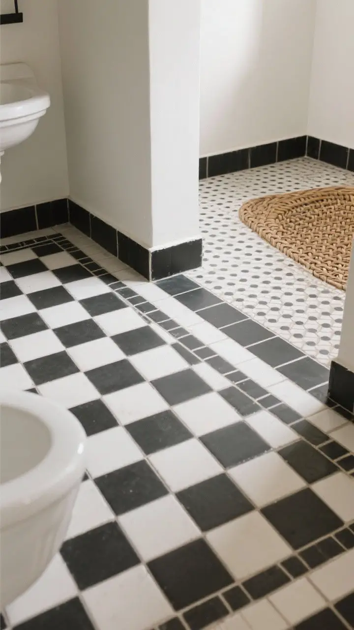 Overhead, detail shot of a bathroom floor featuring matte black-and-white checkerboard encaustic tiles framed by a contrasting tile border; nearby, a smaller section shows a dot-and-hex mosaic transition into a basketweave motif, illustrating options for compact spaces; walls are simple and light-colored to keep focus on the patterned floor; diffused ambient light emphasizes the matte finish and slip-resistant texture.