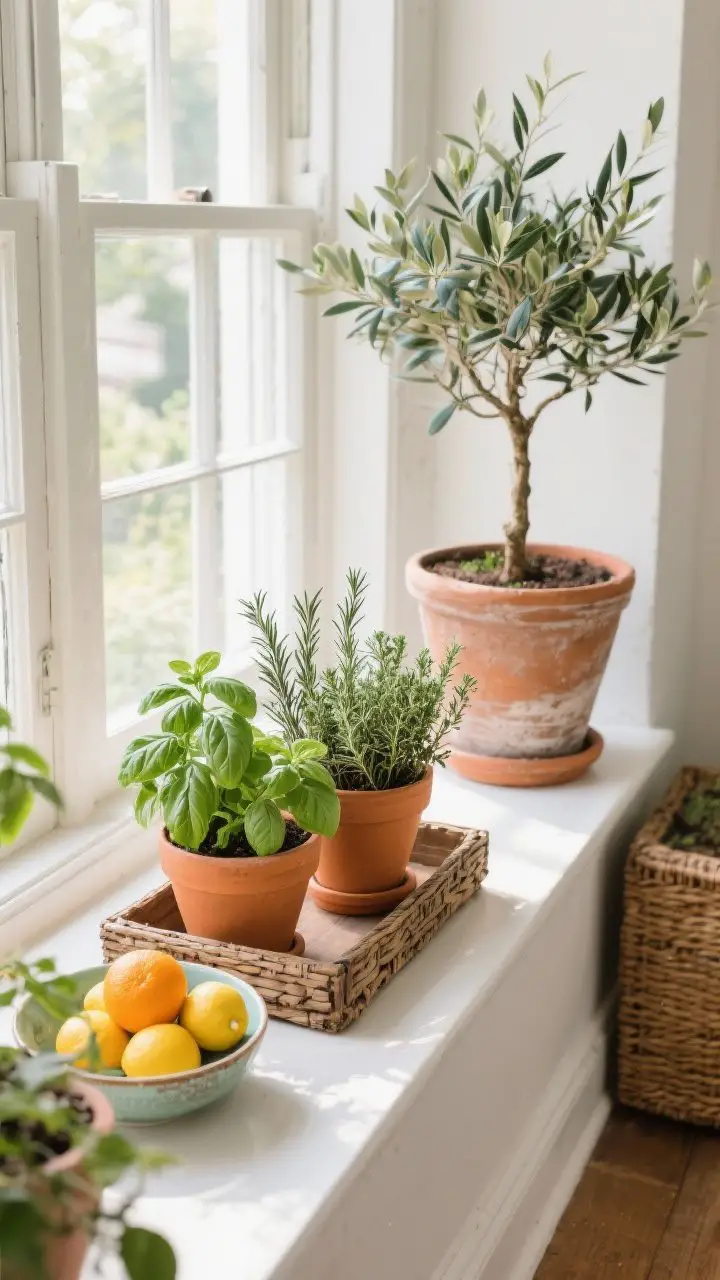 Overhead detail shot of a garden-forward moment: terracotta pots with basil, rosemary, and thyme arranged on a windowsill tray; a dwarf olive tree in a large pot by the window; a woven tray or vintage crate corralling the plants; a bowl of bright oranges and lemons nearby; crisp natural daylight, fresh and usable.