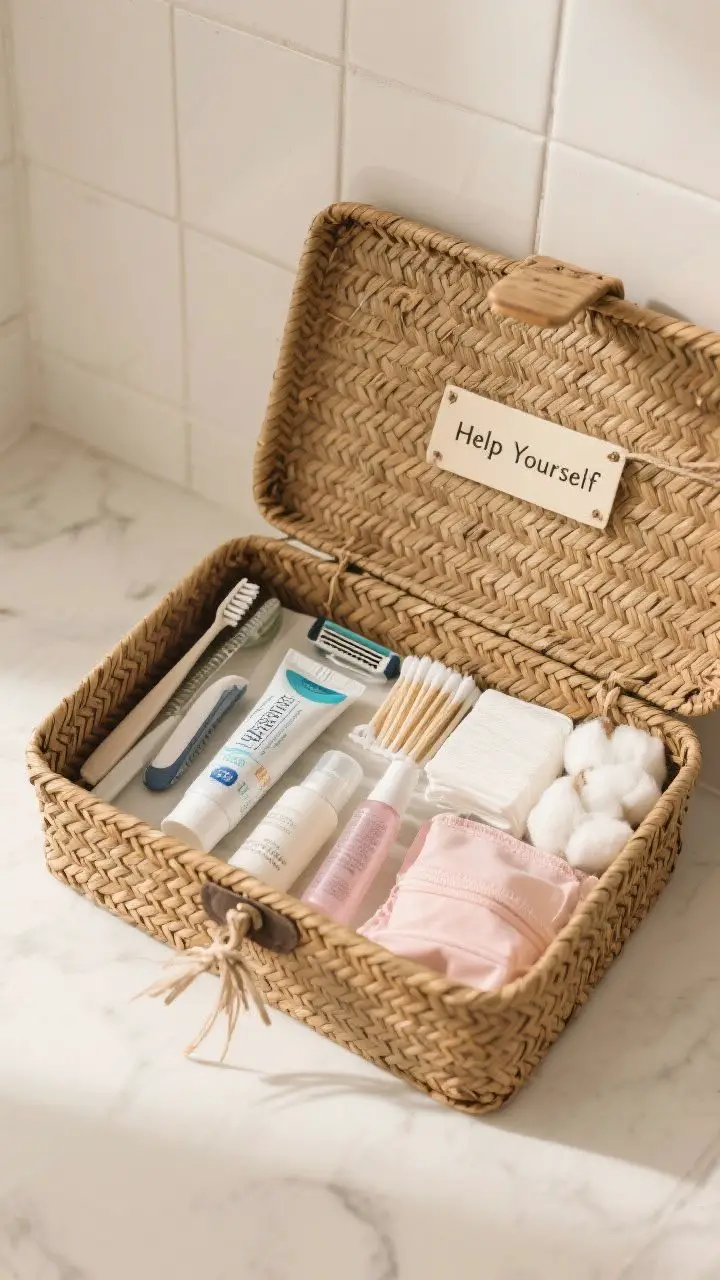 Overhead detail shot of a lidded woven basket opened to reveal neatly arranged guest essentials: extra toothbrushes, toothpaste, floss, razor, travel-size lotion, makeup wipes, cotton pads, cotton swabs, mini hairspray, and a small feminine care pouch; a simple tag reading “Help Yourself” tied to the handle; clean tile backdrop and soft top lighting.
