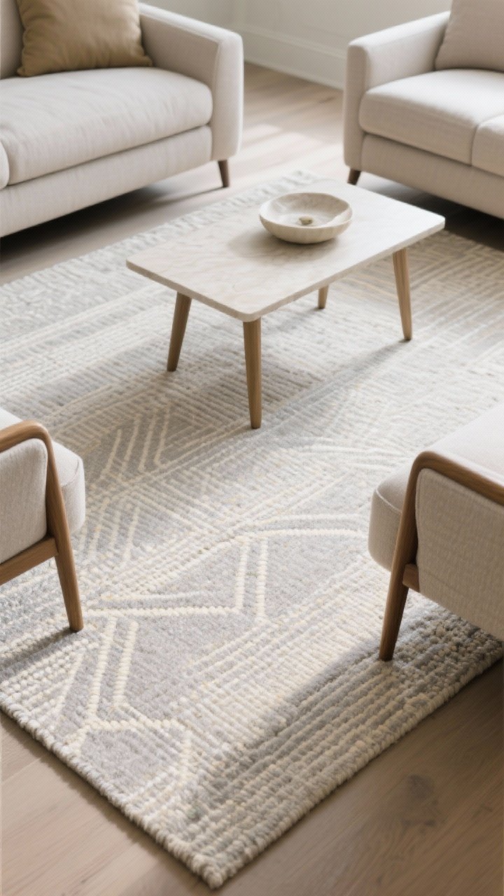 Overhead detail shot of a properly sized light-toned flatweave rug (8x10) anchoring the front legs of a sofa and chairs; low-contrast pattern in pale greige and cream; coffee table centered; the composition shows furniture feet resting on the rug to demonstrate correct scale; soft, even natural light highlights the rug’s low pile and streamlined look.